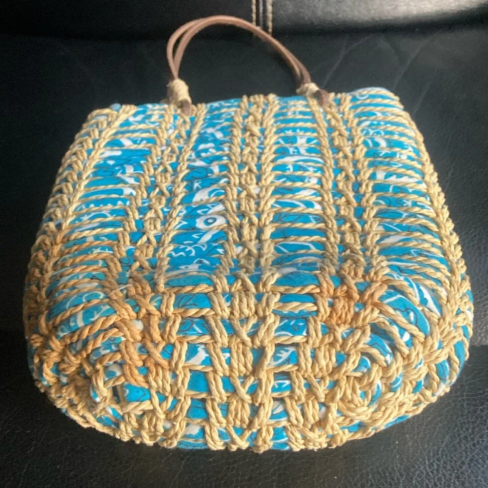 Ralph Lauren Polo Jean Co. Blue & White Bandanna Woven Straw Mini Bag - Picture 3 of 11